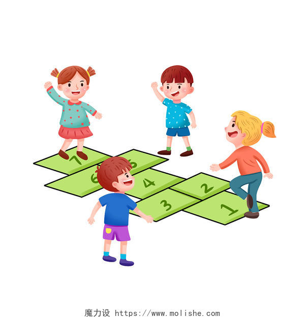 彩色卡通手绘61国际儿童节儿童跳房子做游戏素材原创插画海报